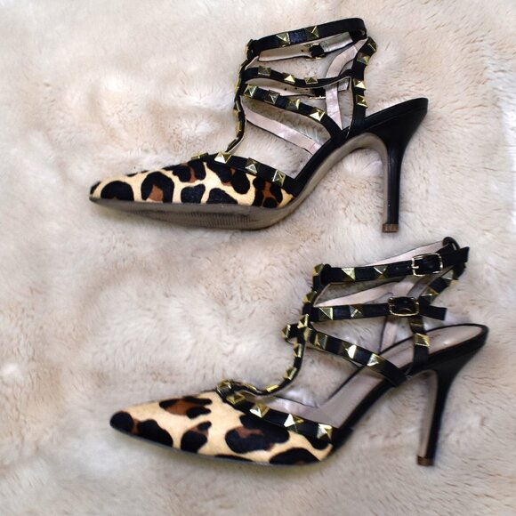 BCBG Darron Leopard Studded Strappy Stiletto Heels 7.5 Pointed Toe - Picture 2 of 11